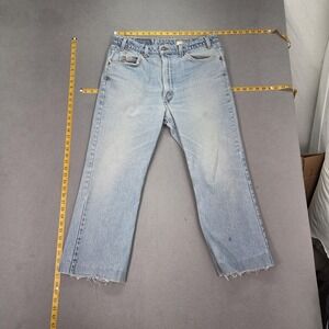 Vintage Levis Jeans Mens Light Wash Blue Cropped Zip Fly USA Stains Fits 34x25